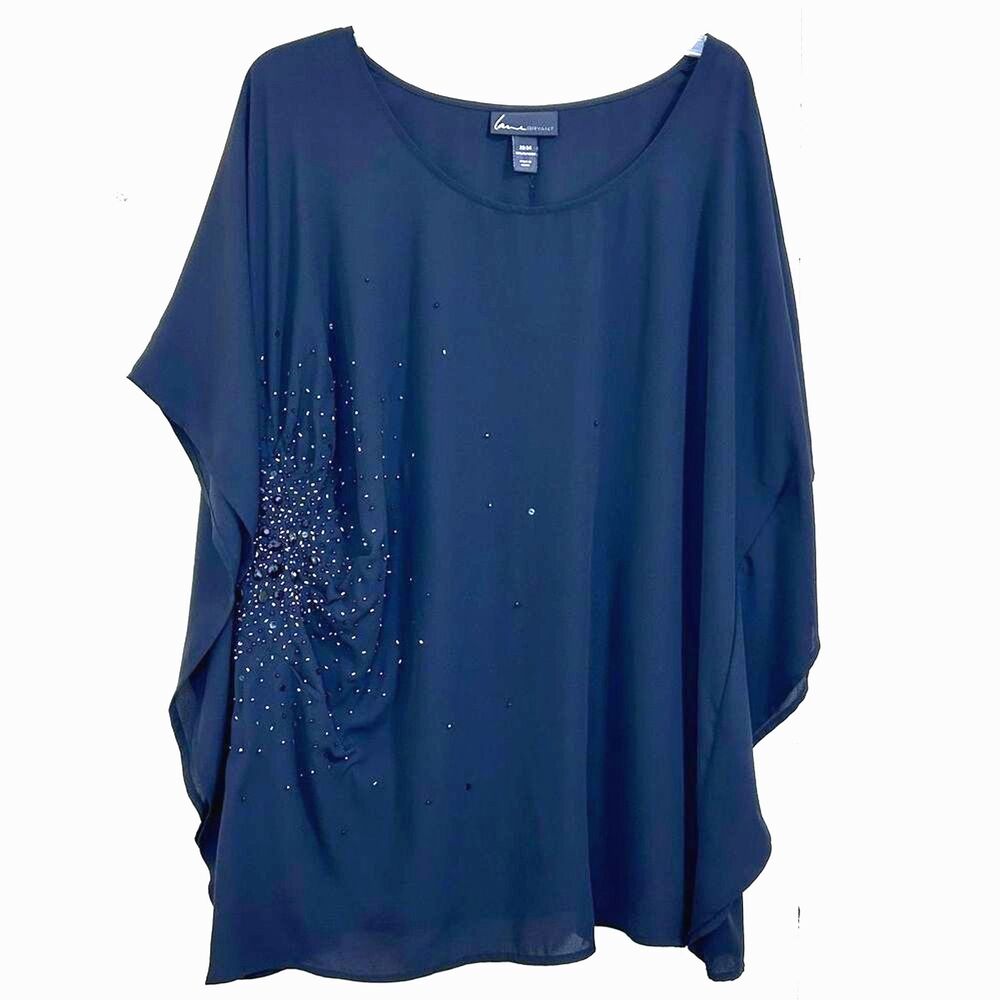 Lane Bryant Black Chiffon Tunic Top Size 22/24 Blouse Beading Trim Sequins
